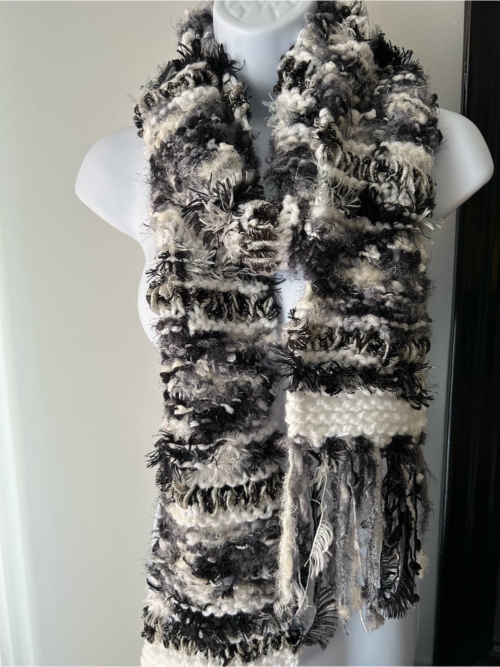 Luxury Black & White Textured Fringe Scarf
